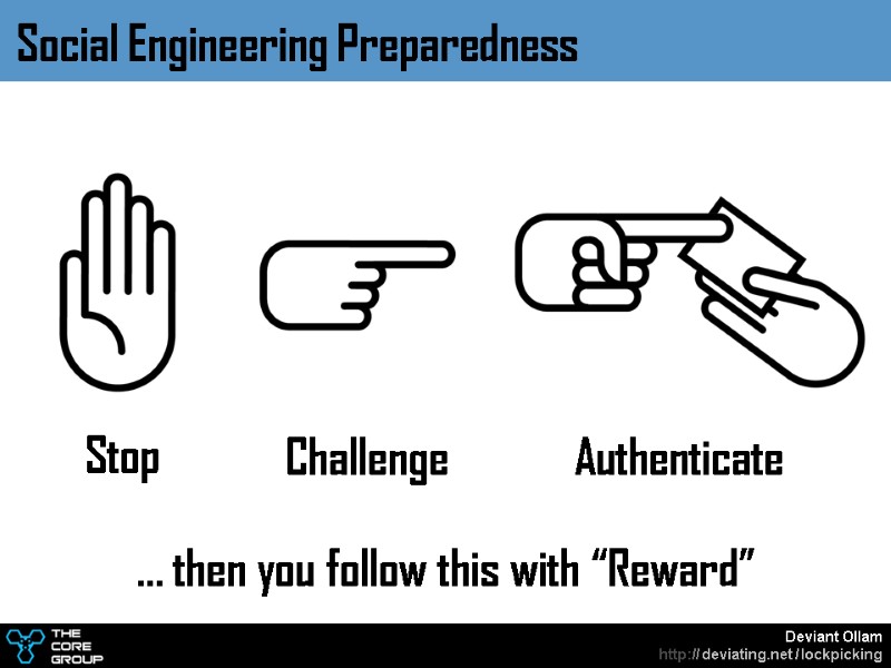 Social Engineering Preparedness Stop Challenge Authenticate … then you follow this with “Reward”